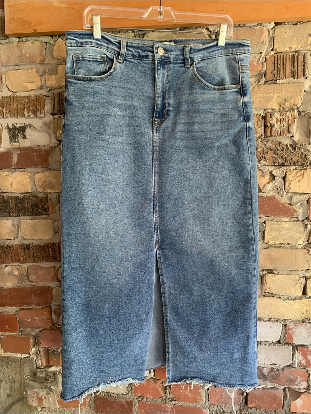 Kensie Light Blue Denim Maxi Skirt with Front Slit